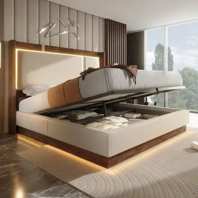 Zdjęcie produktu dla Łóżko tapicerowane 180x200 cm z pojemnikiem na pościel, oświetleniem LED i stelażem, hydrauliczne podwójne łóżko obite tkaniną w kolorze beżowym z zagłówkiem, wymiary: 209x196x110 cm