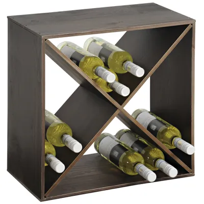 A dark brown wooden wine rack with six bottles of white wine inside.
