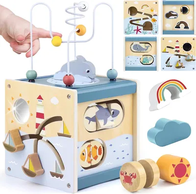 Produktbild von Motorikwürfel ab 1 Jahr, Motorikspielzeug Baby Activity Würfel, Montessori Spielwürfel für Kinder, 6 in 1 Aktivitätswürfel Baby Spielzeug aus Holz