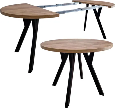 A dining table and a smaller round table are shown against a white background.