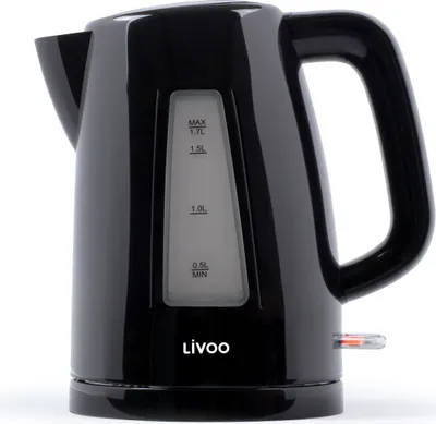 A black electric kettle is shown against a white background.