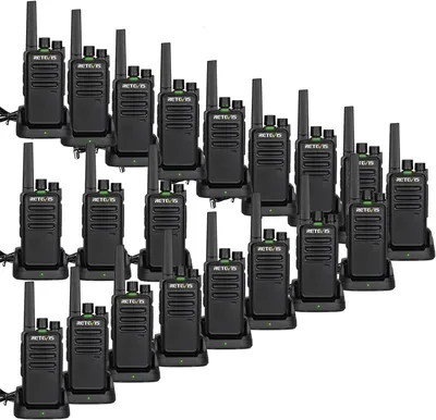A collection of black walkie-talkies arranged in a staggered grid on a white background.
