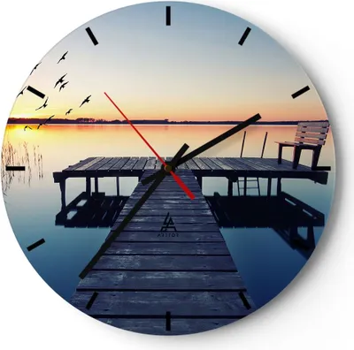 Produktbild von Wanduhr - Rund - Glasuhr - See Brücke - 40x40cm - Schleichendes Uhrwerk - Lautlos - zum Aufhängen bereit - Dekoration Modern - Wanddekoration aus Glas - C3AR40x40-3698