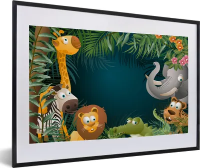 Produktbild von MuchoWow® MuchoWow® Gerahmtes Poster Farben - Dschungeltiere - Blätter - Mädchen - Jungen - Kinder 60x40 cm - Poster mit zchwarzem Bilderrahmen - Schlafzimmer - Plakat in Rahmen - Drucken