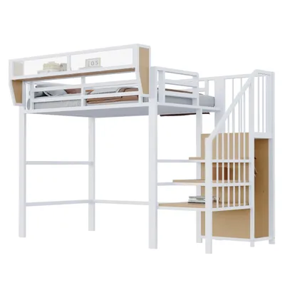 Produktbild von Hochbett(Weiß)mit Sicherheitsleiter und flexiblem Staufach, Metallbett Erwachsenenbett Kinder-Etagenbett