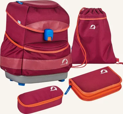 A set of school supplies including a backpack, a drawstring bag, and two pencil cases, all in matching colors.