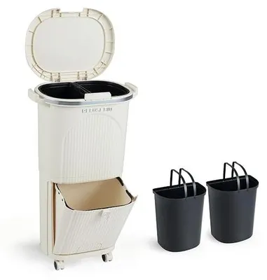 Imagen del producto de Cubo de basura para cocina, gran contenedor de reciclaje con 3 compartimentos, sistema de separación de residuos que incluye 2 cubos interiores de 12 litros y 1 cubo con pedal de 14 litros, cubo de basura con pedal y ruedas, tapa, pedal y ganchos, cubo de basura para cocina (beige)