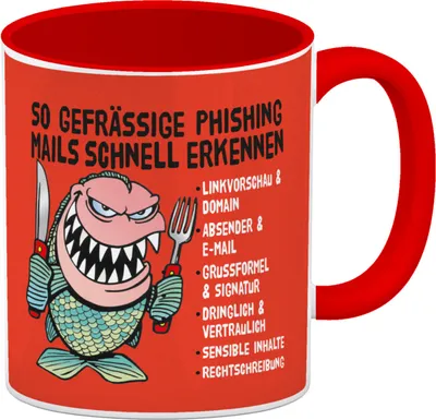 Produktbild von Kaffeebecher Rot zum Thema Phishing Mails erkennen mit Fisch Motiv in rot