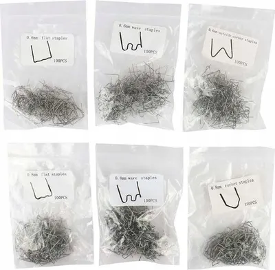 Produktbild von Klammern für Kunststoff, 6 Sorten, je 100 Stück.