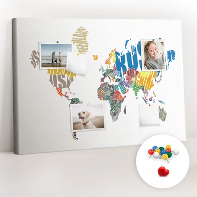 Obrázek produktu pro Korková nástěnka s kolíčky - Tabule s kolíky pro fotografie a poznámky - 100x70 cm - Připínáčky barevné 100 kusů - Textová mapa světa