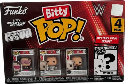 A Funko Bitty POP! WWE 4-pack box with three visible figures and one mystery figure.