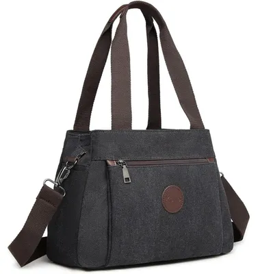 Produktbild von Canvas Handtasche Damen Schultertasche Schwarz 31x22x13cm mit vielen Taschen
