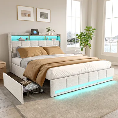 A bedroom scene featuring a bed with storage drawers and LED lighting.