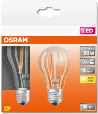 Obrázek produktu pro LED žárovky OSRAM, klasický tvar žárovky, 60 W náhrada, E27, tvar A, 2700 Kelvinů, teplá bílá, čiré sklo, 2 balení