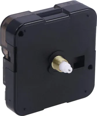 A close-up, angled view of a black quartz clock movement mechanism.