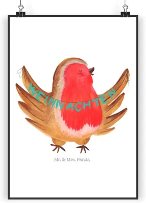 Produktbild von Mr. & Mrs. Panda Bild Rotkehlchen Weihnachten DIN A3 - Weiß - Geschenk, Deko, Plakat, drucke, Frohe, Weihnachtsgruß, Weihnachtsmotiv, Wandbild, wanddeko, Winter, Vogel