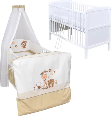 Produktbild von Baby-Delux Babybett Kinderbett Umbaubar 140x70 Weiß Bettset Komplett mit Motiv Safari