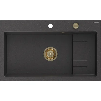Zdjęcie produktu dla Mexen Omar zlewozmywak granitowy 1-komorowy 800 x 480 mm, czarny nakrapiany, syfon złoty - 6520801005-76-G
