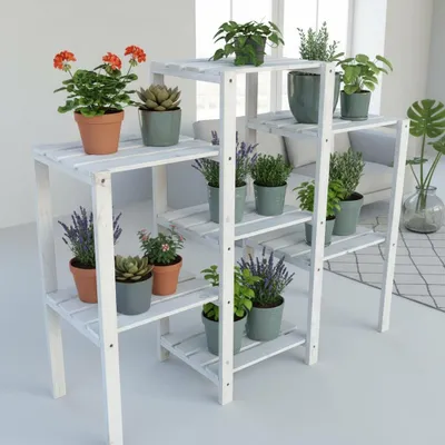 A white wooden plant stand with various potted plants on its shelves, set against a light gray and white background.
