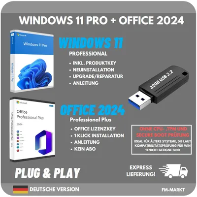 Produktbild von Windows 11 Professional + Microsoft Office 2024 Professional Plus | 32GB USB 3.2 Stick | inkl. Lizenzschlüssel | OHNE TPM 2.0 | Bundle Set