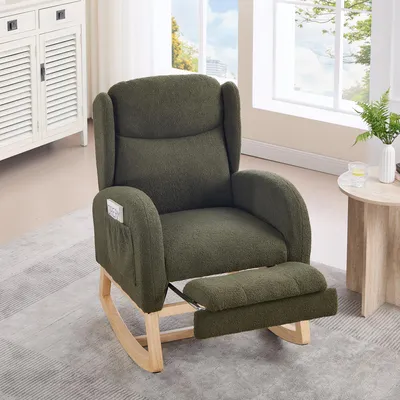 Obrázek produktu pro MODFU Houpací křeslo s nastavitelnou opěrkou nohou, relaxační křeslo do ložnice a obývacího pokoje, čalouněná postel s polstrováním sedadla, zelená