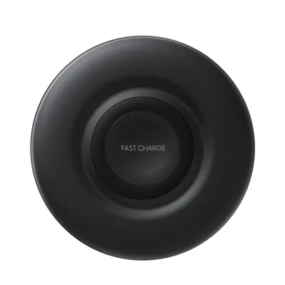 A top-down view of a black wireless charger.