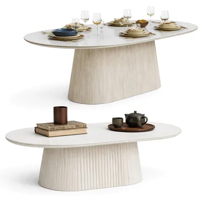 Produktbild von HOOZ® Couchtisch & Esstisch Set oval modern – Keramikplatte – Sofatisch 130x70cm & Esstisch 180x90cm für 6–8 Personen – Säulenfuß – pflegeleicht Kalk
