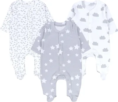 Produktbild von TupTam Baby Jungen Schlafstrampler Langarm Strampler Schlafanzug mit Fuß 3er Pack, Farbe: Weiß Grau Wolken Sterne Punkte, Größe: 74