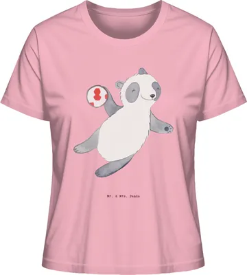 Produktbild von Mr. & Mrs. Panda Oberteil Damen Panda Handball spielen Größe L - Baumwolle Pink - Geschenk, Basic T-Shirt, Turnier, Verein, shirt, Club, Baumwoll