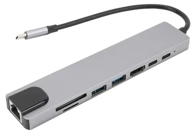 Image de Adaptateur multiport Type-C 8-en-1 avec interface multimédia 4K HD, USB 3.0, RJ45 100 Mbps et PD 87 W, avec lecteur de carte