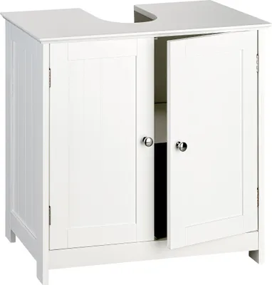 A white wooden bathroom vanity cabinet with two doors, one slightly ajar.