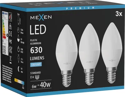 Zdjęcie produktu dla Mexen Nova 3x żarówka LED E14, C37, 6W, Zimna - 6500K, 630 lm - L102-E14-0665-01x03