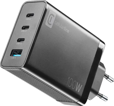 Zdjęcie produktu dla Cellularline Multipower Nano 100W Reiselader 4-portowy GaN czarny (ACHUSBGAN4WAL100WK)