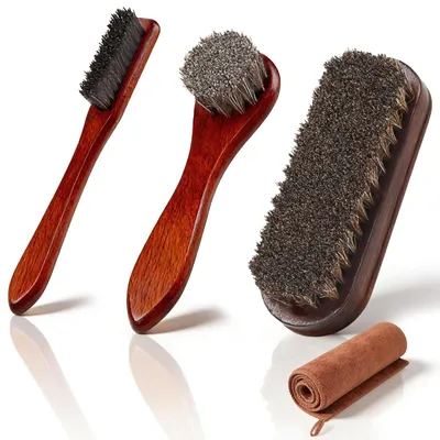 Produktbild von Schuhbürste Schuhputzbürste Schuhpflege-Set - 3 Stück - Rosshaar - Mit Mikrofasertuch - Buchenholzgriff - 13,5 cm