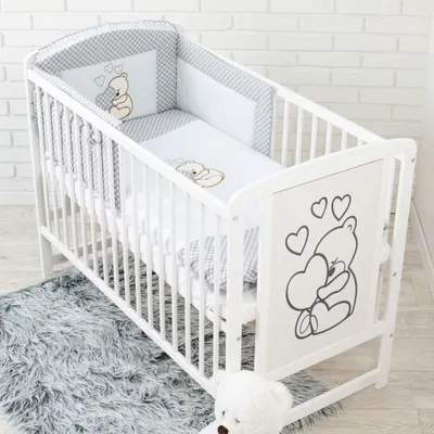 Produktbild von 12 Teiliges Kinderbett mit Matratze Bettzeug und Zubehör - Teddybär mit Herz Grau