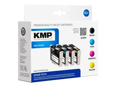 Produktbild von KMP MULTIPACK E107V - 4er-Pack - Schwarz, Gelb, Cyan, Magenta - kompatibel - Tintenpatrone (Alternative zu: Epson C13T07114011, Epson C13T07124011, Epson C13T07134011, Epson C13T07144011, Epson T0711, Epson T0712, Epson T0713, Epson T0714)