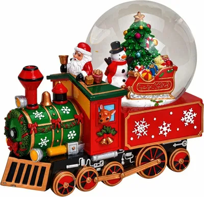 Produktbild von Schneekugel Spieluhr mit Musik, Nikolaus im Weihnachtszug mit Schneemann, Christbaum, Schlitten, Lokomotive mit Weihnachtsmann (HxB) 22 x 18 cm