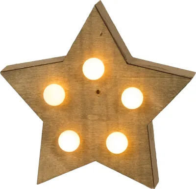 A wooden star with five lights on a white background.