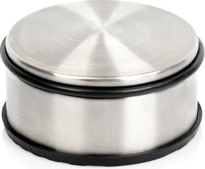 A stainless steel door stopper with a black rubber base and trim, shown on a white background.