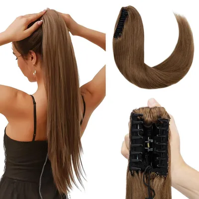 Produktbild von Zopf Extensions Echthaar Pferdeschwanz Haarverlängerung 40cm Ponytail Haarteile mit Klammer Remy Glatt Hellbraun