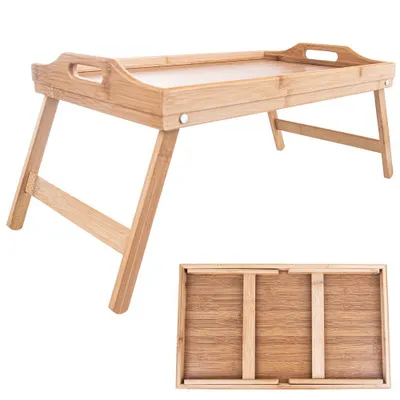 Image de Orion Table de lit | Table pour ordinateur portable | Table de petit déjeuner | Plateau de service en bois de bambou avec pieds pliants multifonctionnels
