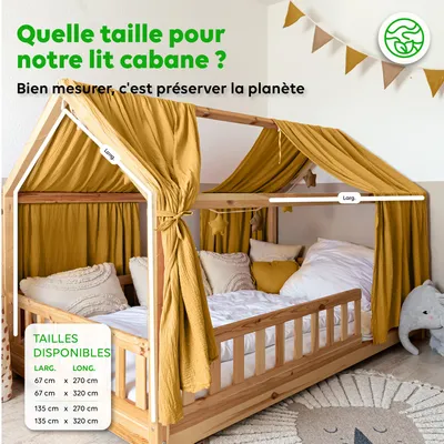 Image de Ciel de lit cabane 67x320 cm jaune moutarde avec applications dorées - 2 pans de tissu