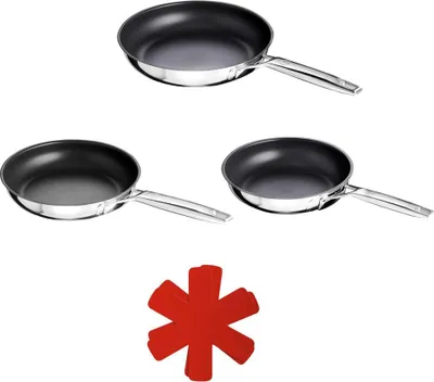 Three frying pans and a red protective mat are arranged on a white background.