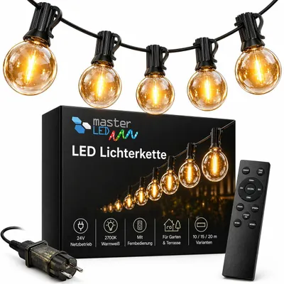 Obrázok produktu pre MasterLED LED reťaz vonkajšia girlanda 15x žiaroviek E12, 2700 K, teplá biela, IP44, s diaľkovým ovládaním, 10 m
