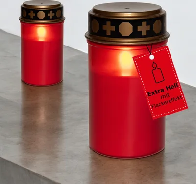 Produktbild von Novaliv 2 Stück Grablichter LED ohne Batterie Grablichter rot Dauerbrenner Grablicht LED Kerzen flackernde Flamme Friedhofskerze Gedenkkerze Grablaterne Ewiges Licht Trauerkerze