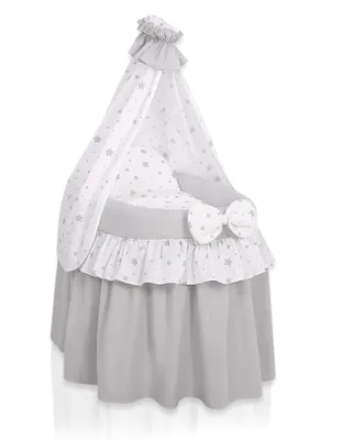 Produktbild von Dollwagen für Puppen mit grauem Stoff - Handgefertigtes Babybett mit komplett Bettwäsche und eleganter Baldachin