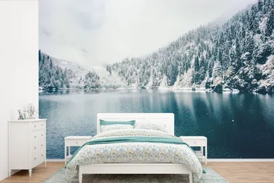 Produktbild von MuchoWow® Fototapete für Wohnzimmer oder Schlafzimmer Wandtapete Vinyl Motivtapete Winter - Wasser - Schnee - 360x240 cm - Vinyl-Tapete