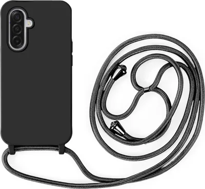 A black smartphone case with a lanyard is shown against a white background.