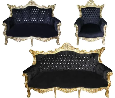 Produktbild von Casa Padrino Barock Wohnzimmer Set Master Schwarz/Gold mit Bling Bling Glitzersteinen - 3er Sofa+2er Sofa + 1 Sessel