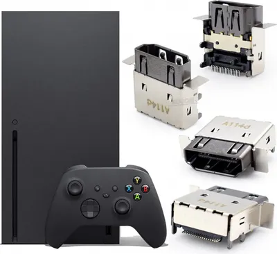 A collage showing an Xbox Series X console and controller, along with several HDMI port connectors.